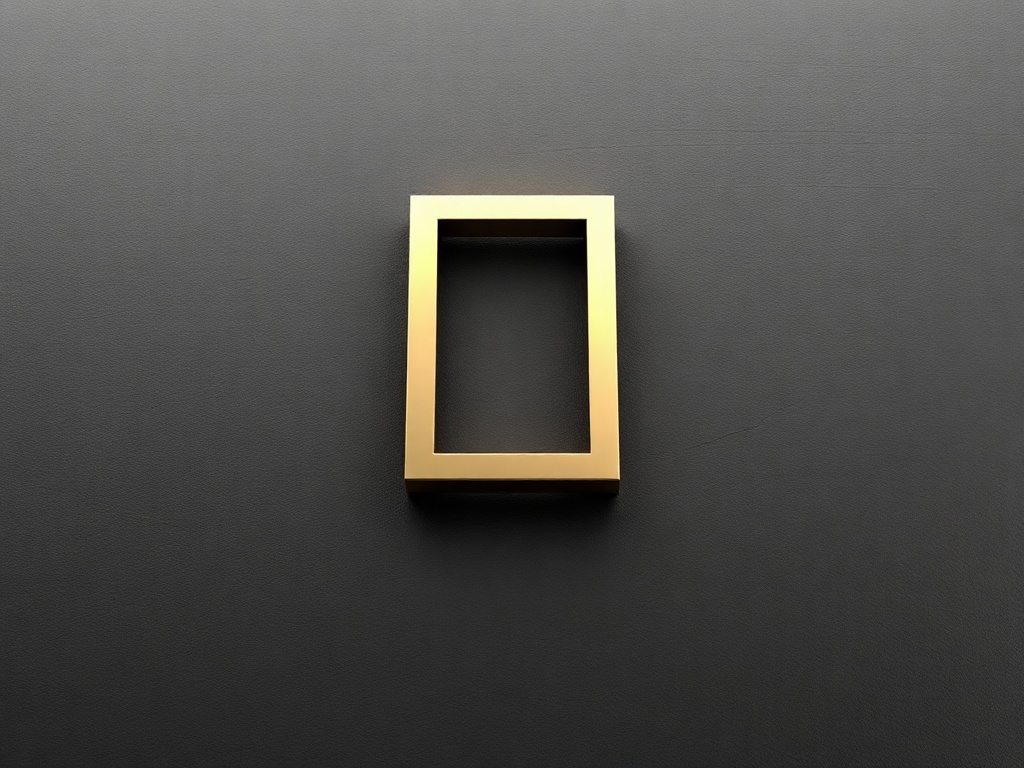 Minimalist 3D render of a geometric 'D' shape made of polished brass on a dark grey slate background, subtle reflection, soft studio lighting, 8k product photography
